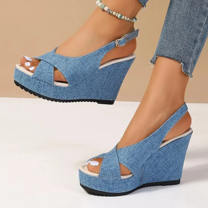 DOGHC 2024 NEW Size 35-43 Shoes for Women Ankle Buckle Wedges Sandals for Women Summer Denim Sandal Comfortable Thick Sole