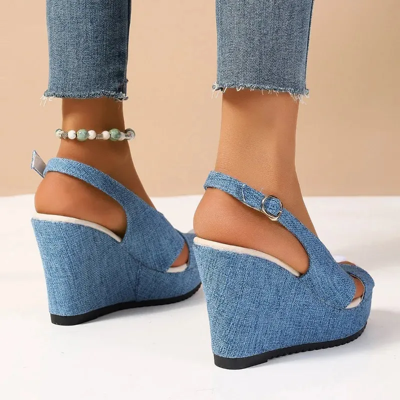 DOGHC 2024 NEW Size 35-43 Shoes for Women Ankle Buckle Wedges Sandals for Women Summer Denim Sandal Comfortable Thick Sole