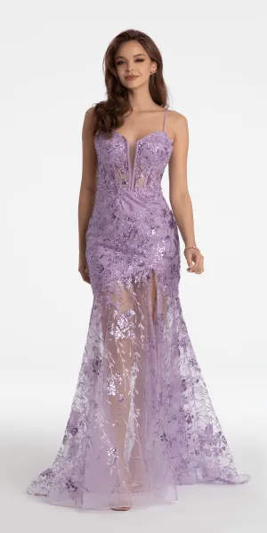 Embroidered Plunging Corset Dress with Sheer Trumpet Skirt