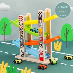 Four-track Gliding Car Wooden Creative Toy, Colorful Building Blocks Track Car Set, Christmas Gift For Kids, Birthday Gift