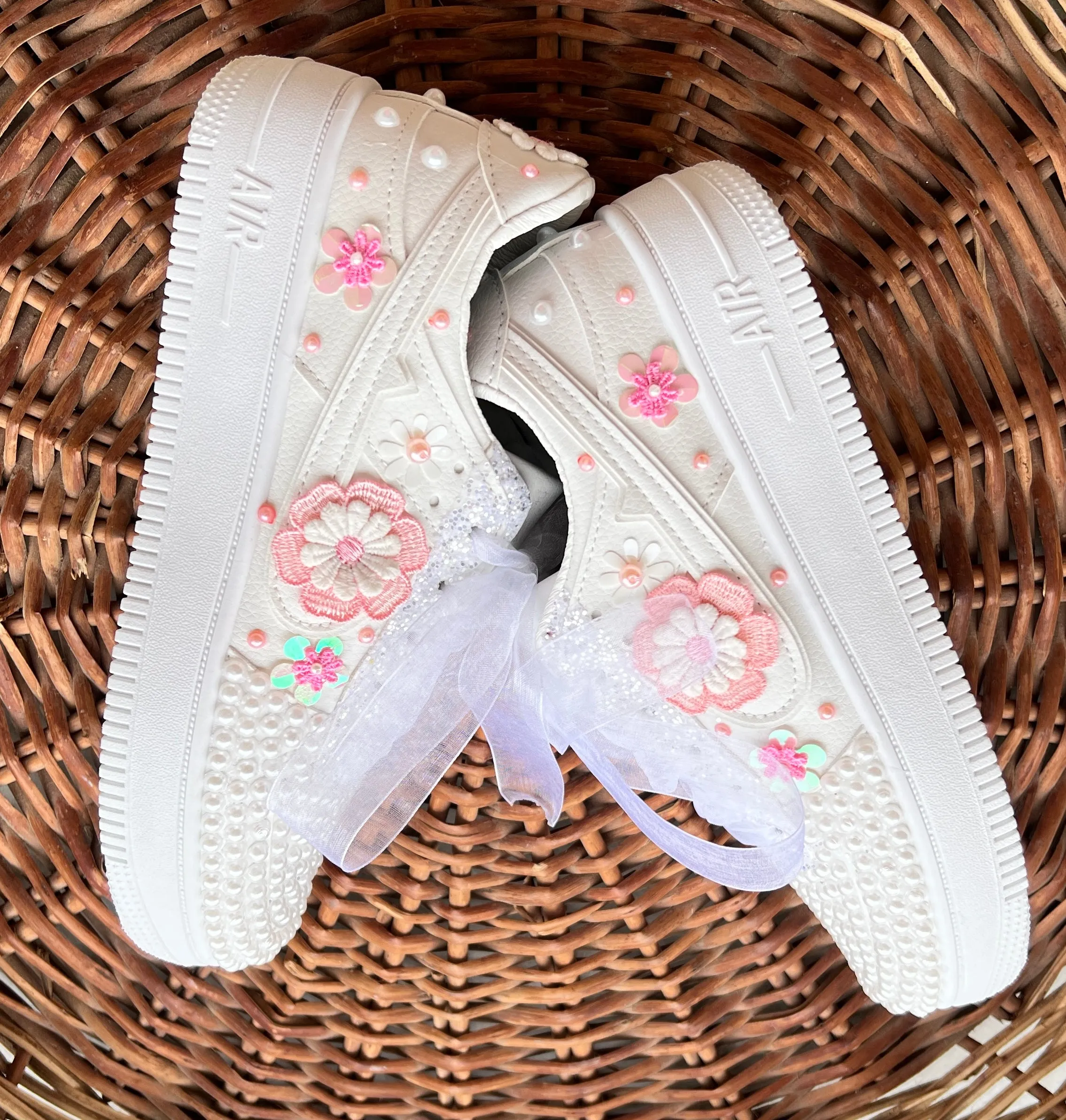 Funky N Trendy white pearl work sneakers with pink floral detailing / bridal sneakers/ sneaker for bride / white sneakers/ pearl sneakers for bride