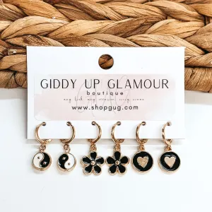 Gold Tone Hoop Huggie Earring Set with Black Groovy Charms