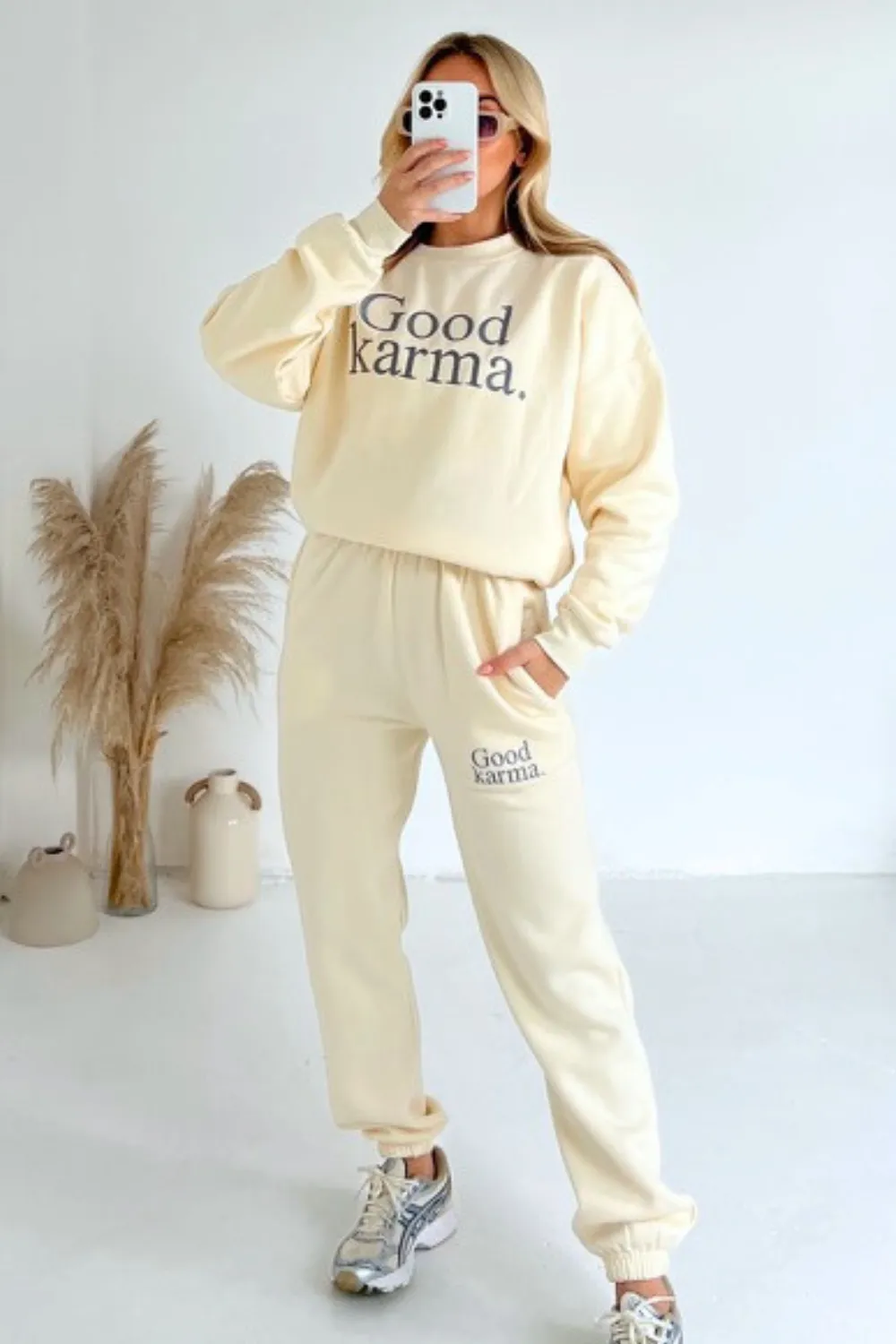 Good Karma ecru embroidered sweater joggers premium loungewear