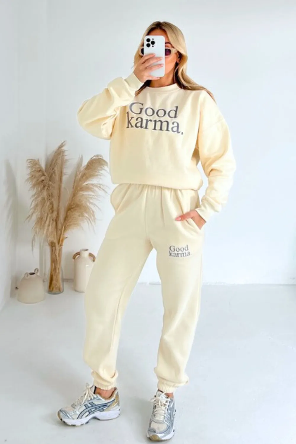 Good Karma ecru embroidered sweater joggers premium loungewear