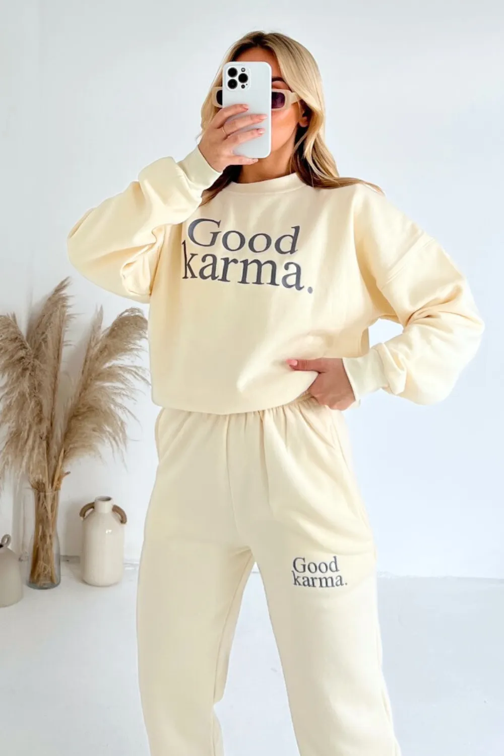 Good Karma ecru embroidered sweater joggers premium loungewear