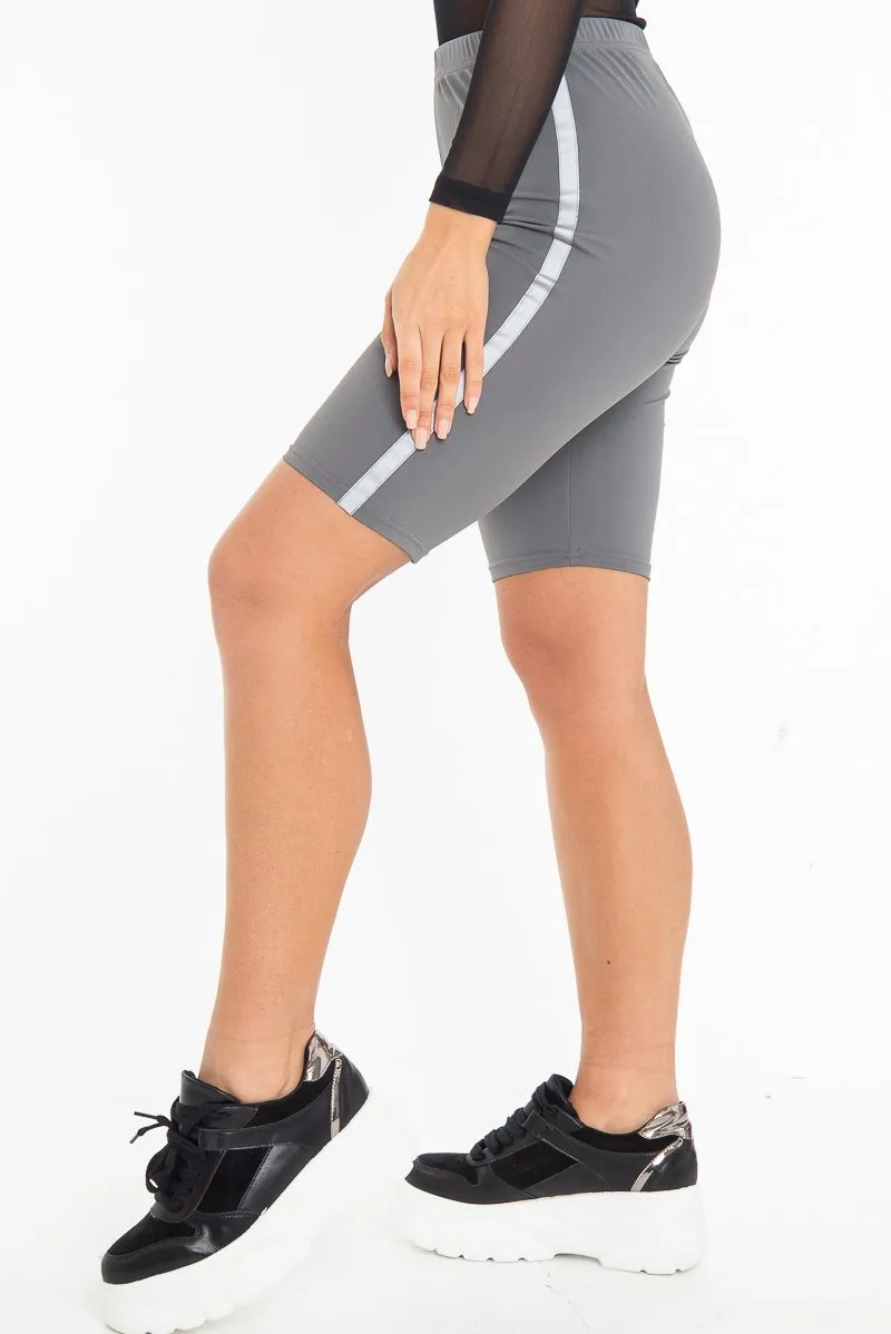 Grey Reflective Stripe Side Cycling Shorts - Betty