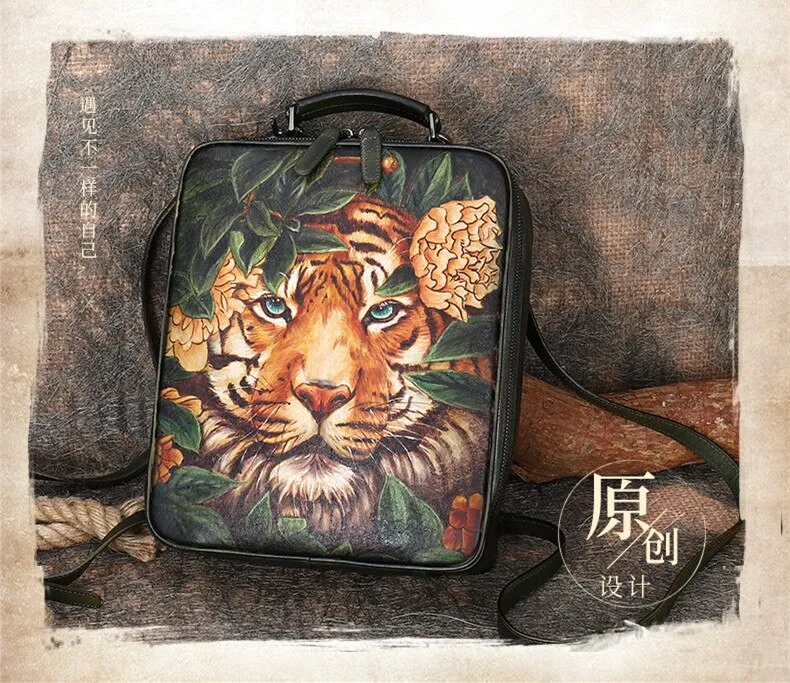 Hand Painted Retro Casual Leather Women Large Capacity Cowhide Computer Schoolbag Backpacks