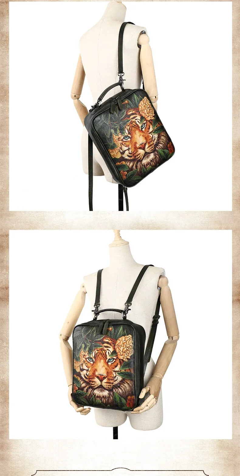 Hand Painted Retro Casual Leather Women Large Capacity Cowhide Computer Schoolbag Backpacks