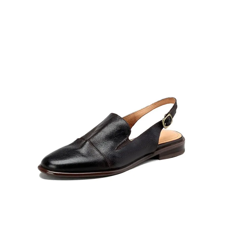 Handmade Cow Leather Round Toe Sandals Slingback Flats in Coffee/Black