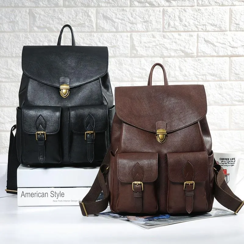 High-end Casual Female Solid Pattern Genuine Leather Travel Backpack