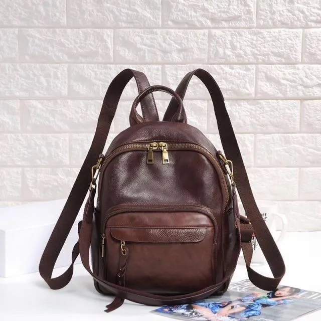 High-end Women's Genuine Leather Zipper Soft Handle Shoulder Backpack