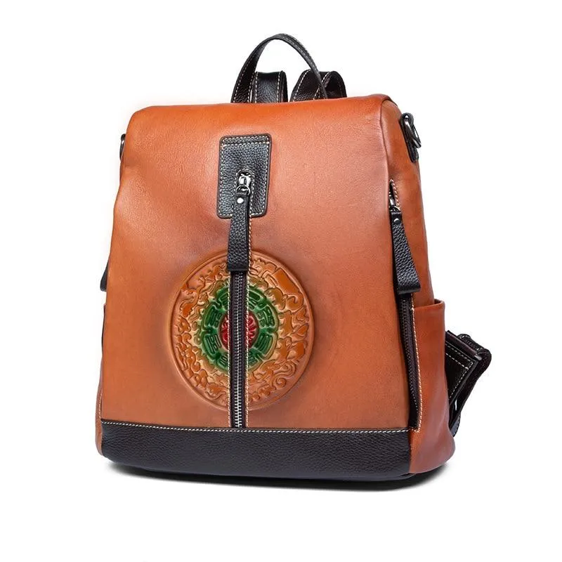 Highend Fashion Vintage Women's Solid Genuine Leather Zipper Backpack