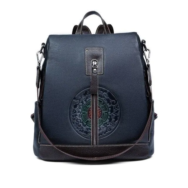 Highend Fashion Vintage Women's Solid Genuine Leather Zipper Backpack