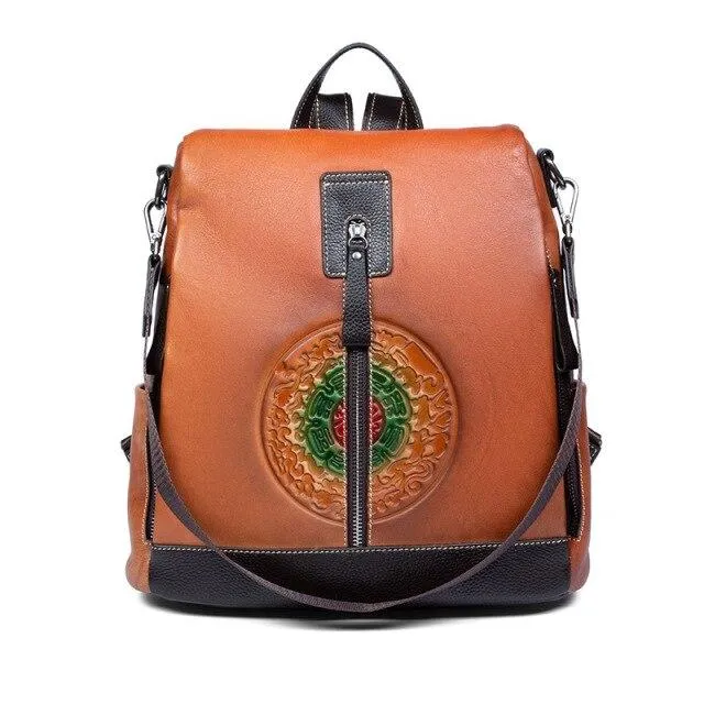 Highend Fashion Vintage Women's Solid Genuine Leather Zipper Backpack