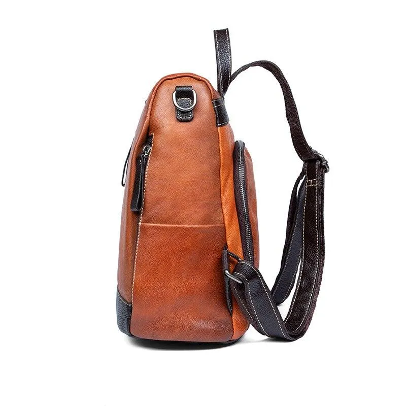 Highend Fashion Vintage Women's Solid Genuine Leather Zipper Backpack