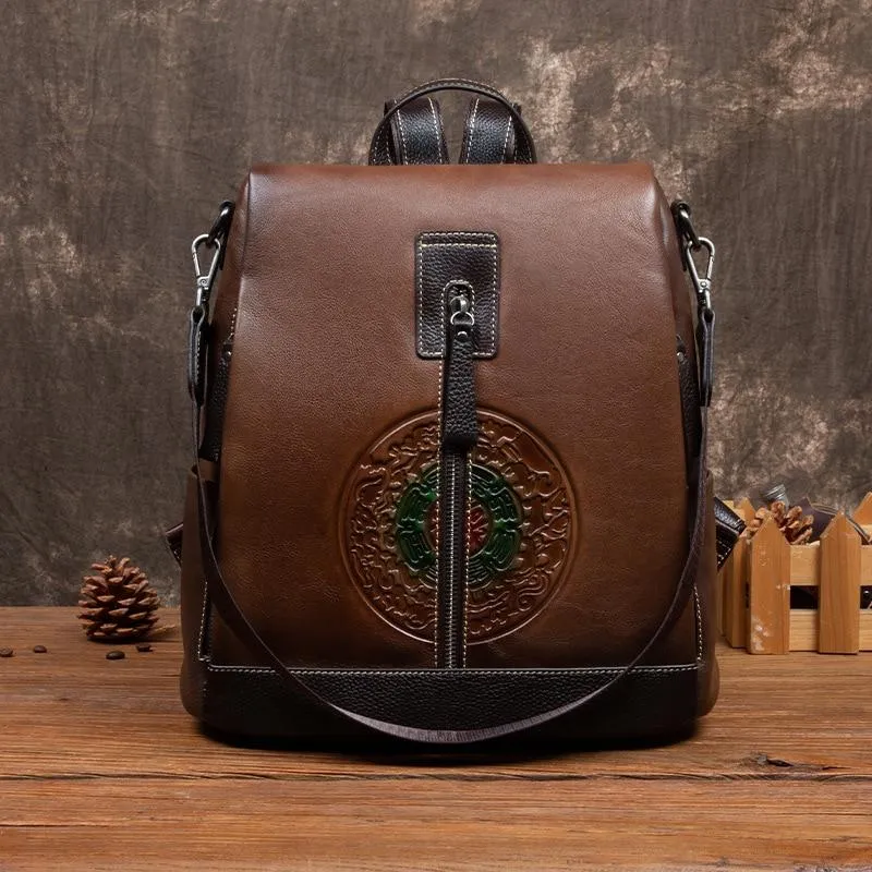 Highend Fashion Vintage Women's Solid Genuine Leather Zipper Backpack