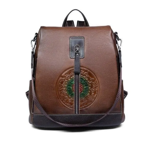 Highend Fashion Vintage Women's Solid Genuine Leather Zipper Backpack