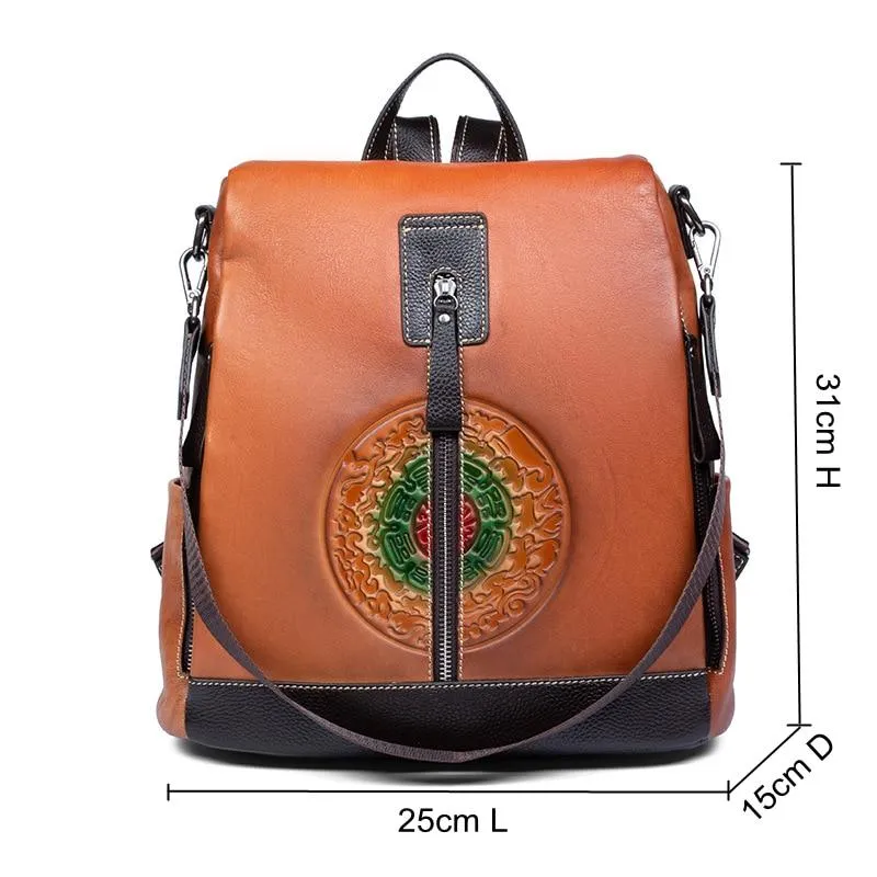 Highend Fashion Vintage Women's Solid Genuine Leather Zipper Backpack