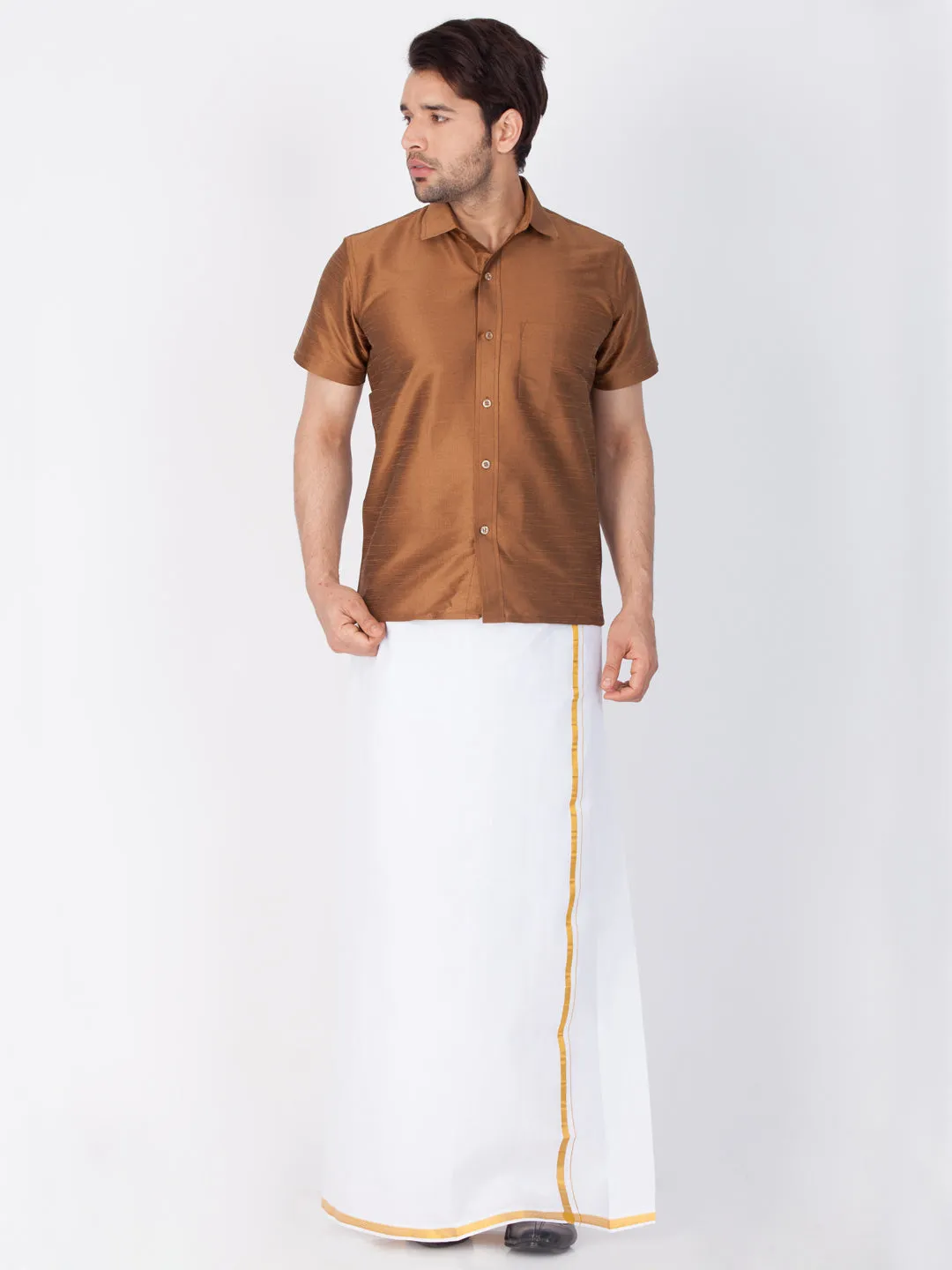 Jashvi Men's Brown Silk Blend Ethnic Shirt