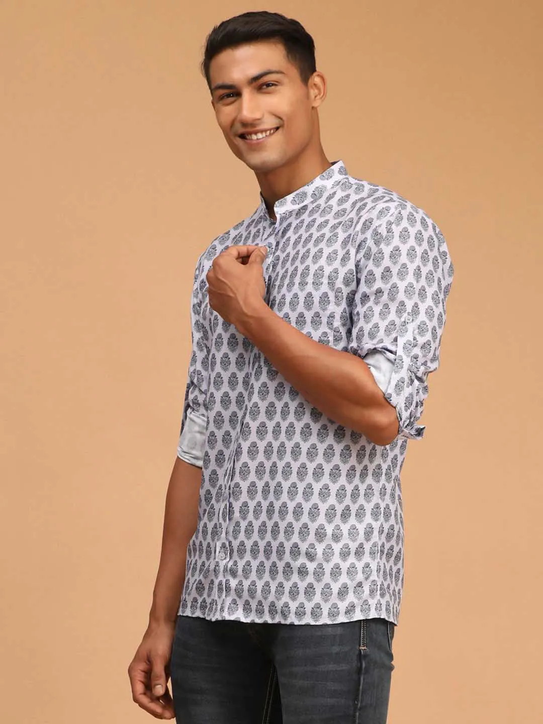 Jashvi Men's Grey Cotton Blend Printed Shirt