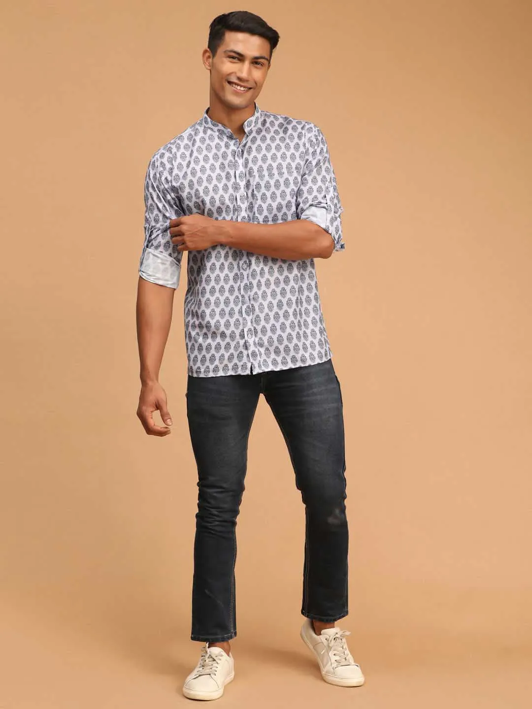 Jashvi Men's Grey Cotton Blend Printed Shirt