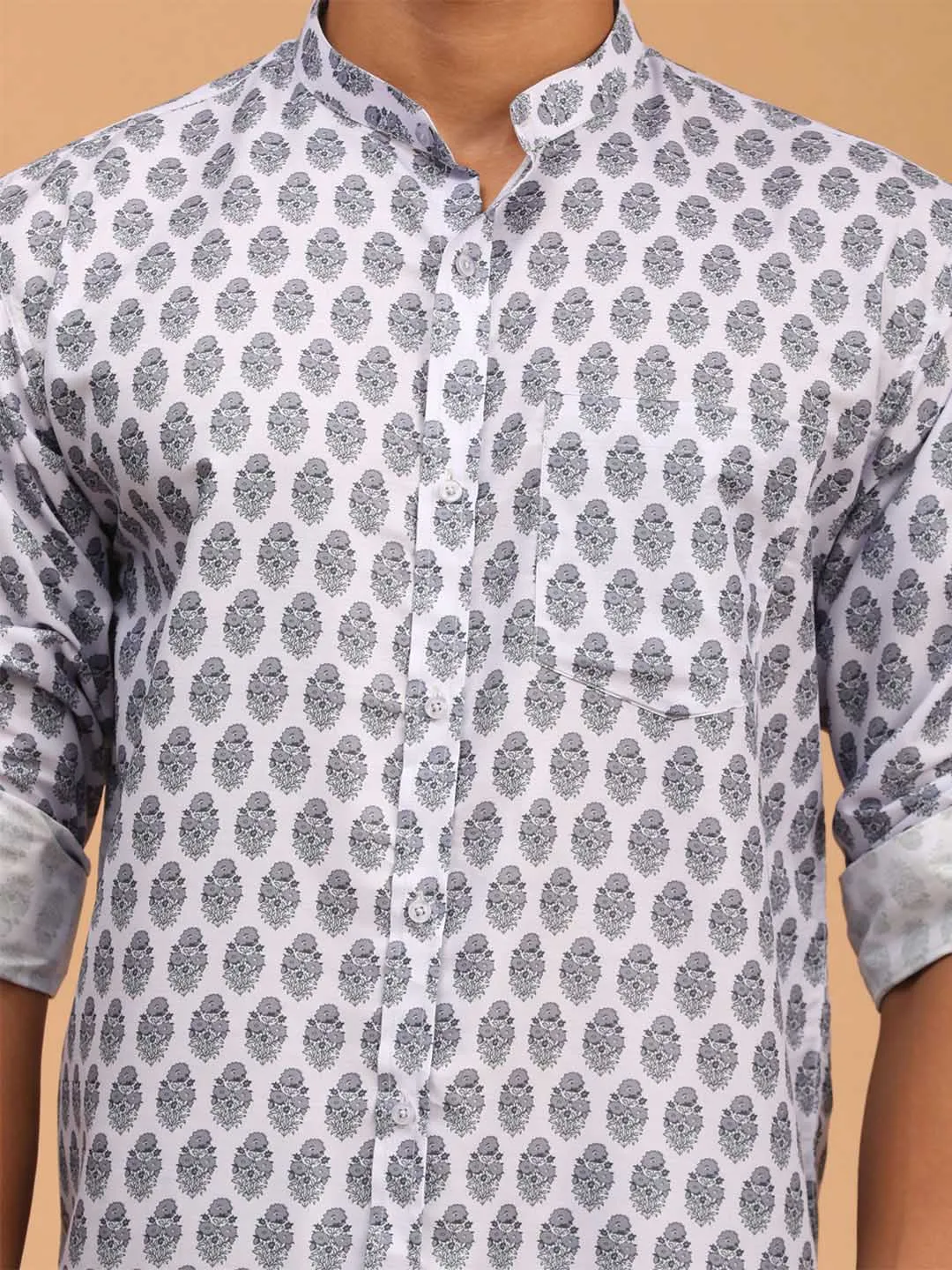 Jashvi Men's Grey Cotton Blend Printed Shirt