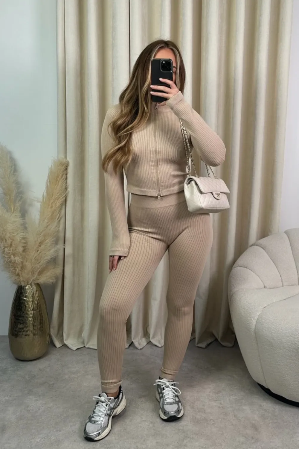 Joanna beige zip neck ribbed activewear set