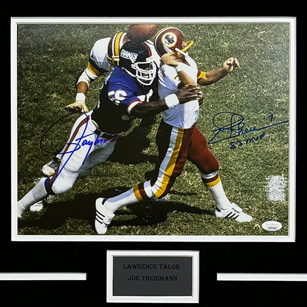 Lawrence Taylor & Joe Theismann Hand Signed & Framed NFL 11x14 Photo (JSA)