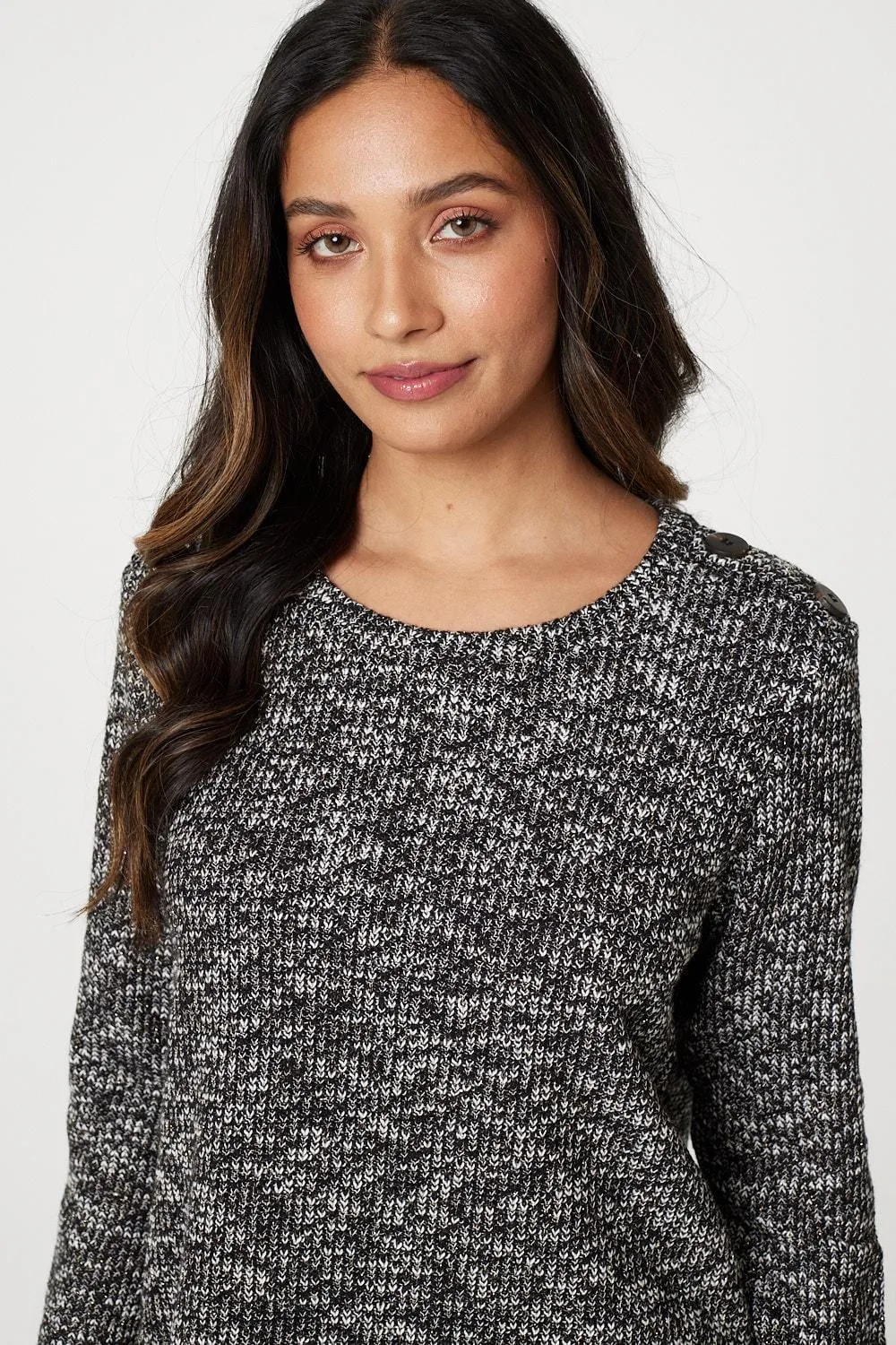 Marled Button Shoulder Ribbed Top