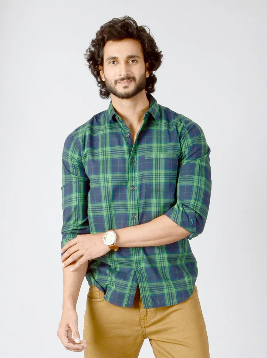 Medieval Blue & Green Checked Slim Fit Casual Shirt | JadeBlue