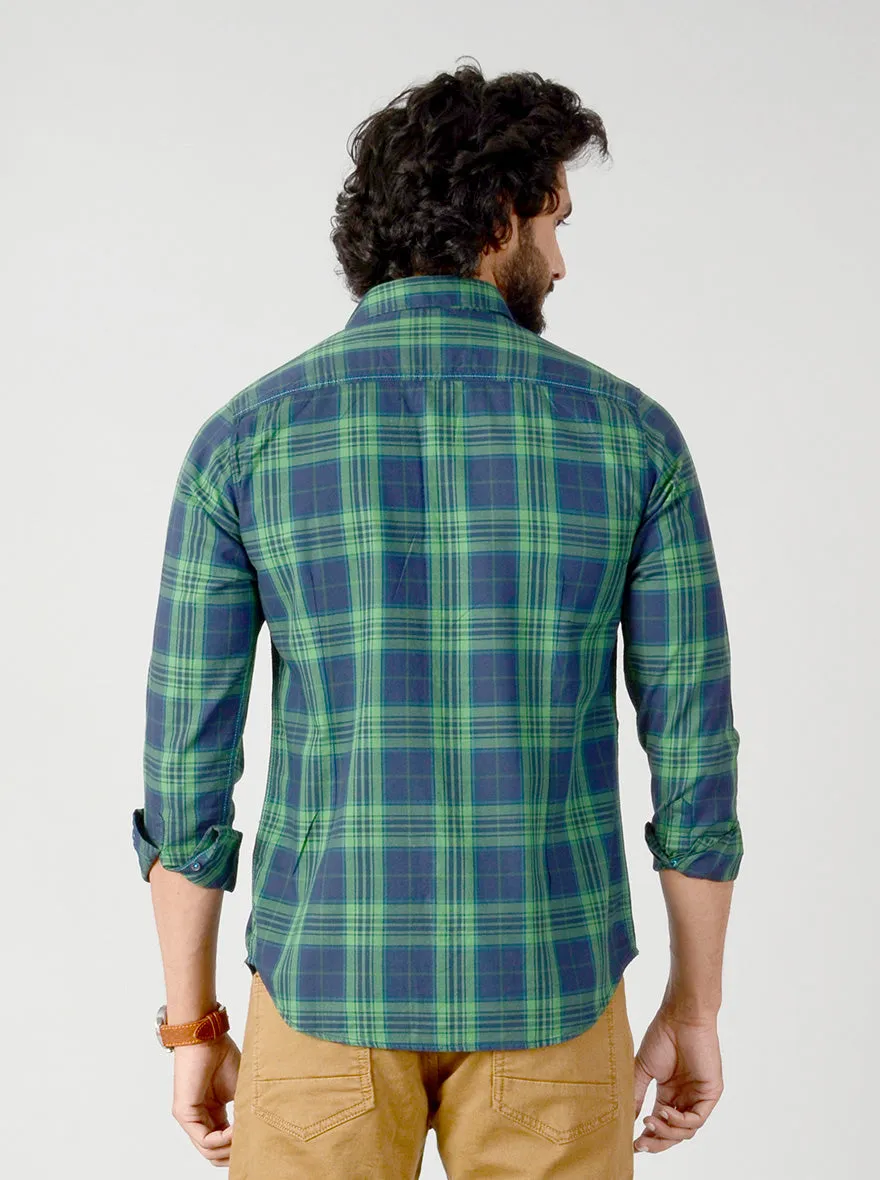 Medieval Blue & Green Checked Slim Fit Casual Shirt | JadeBlue