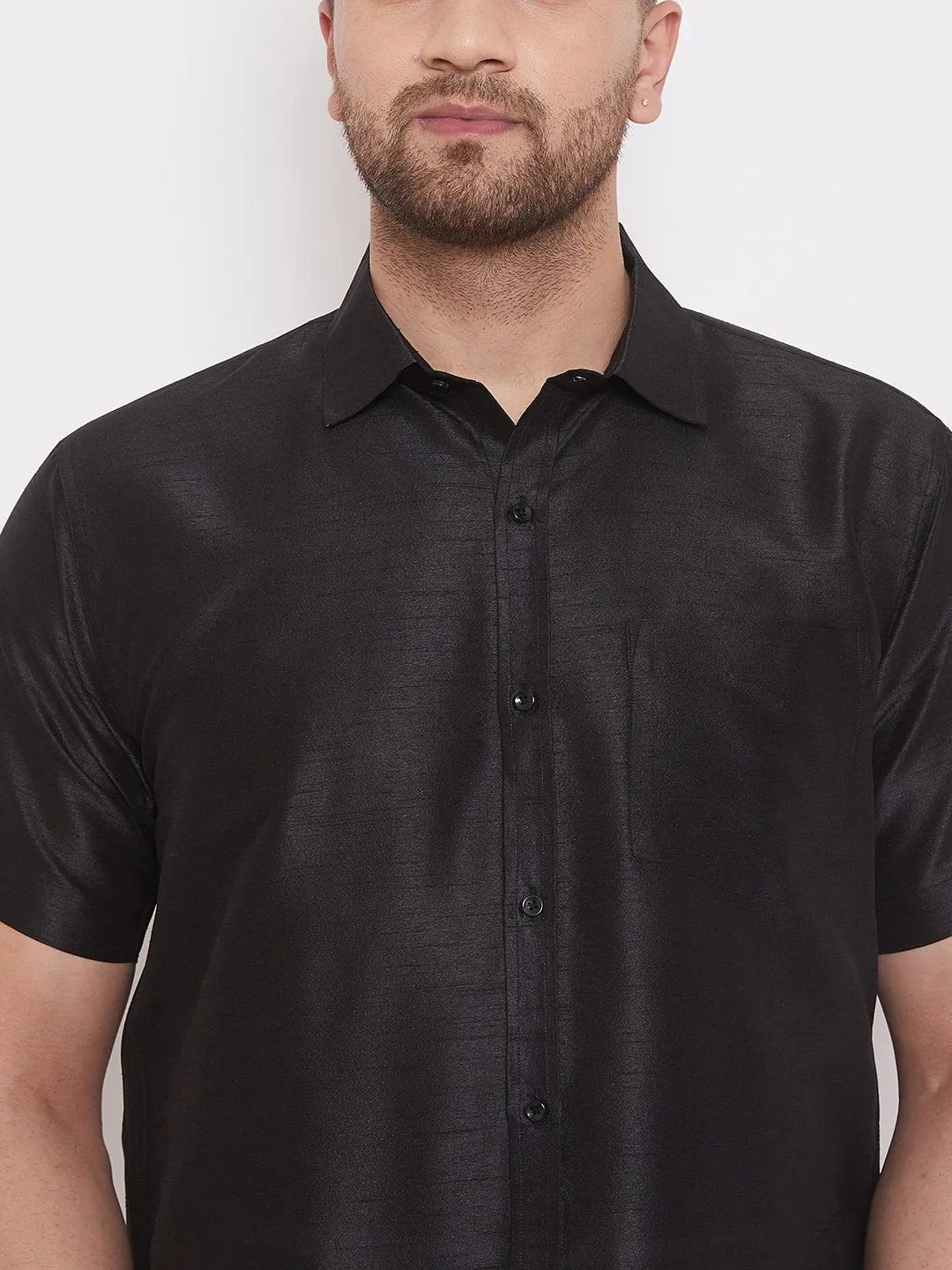 Men's Black Cotton Silk Blend Ethnic Shirt - Vastramay