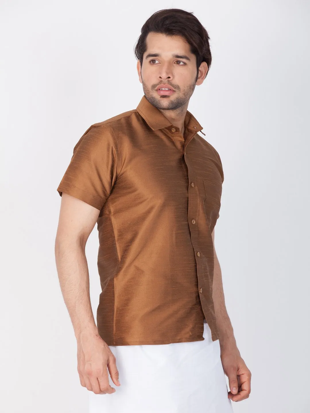 Men's Brown Cotton Silk Blend Ethnic Shirt - Vastramay