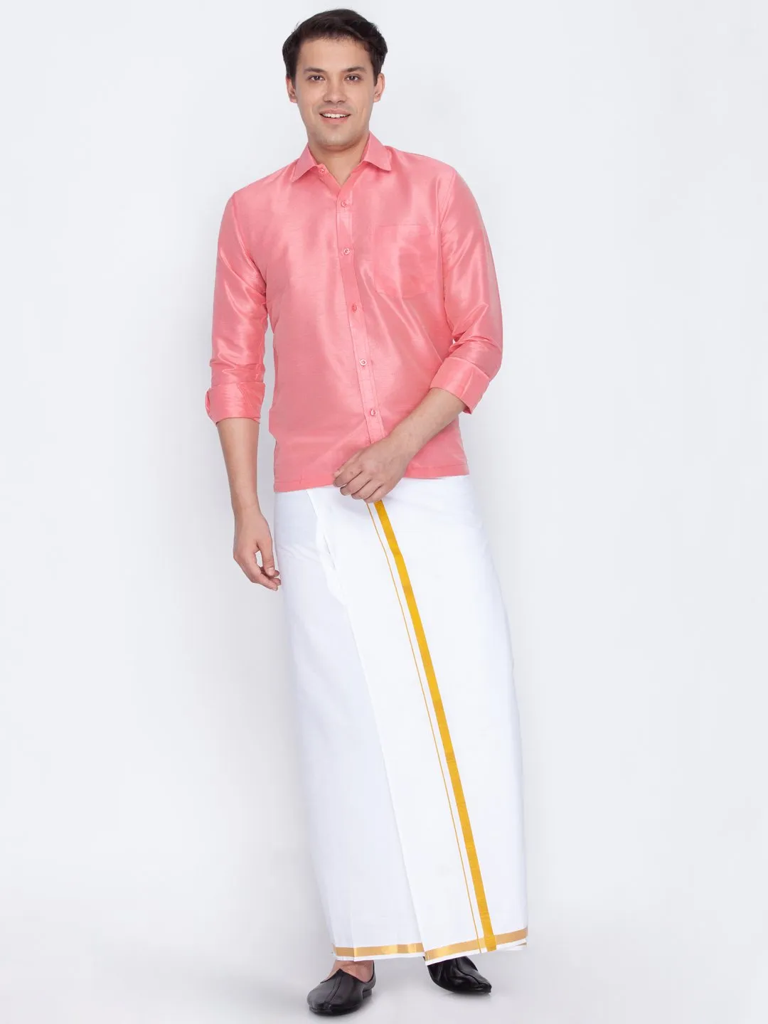 Men's Pink Cotton Silk Blend Ethnic Shirt - Vastramay