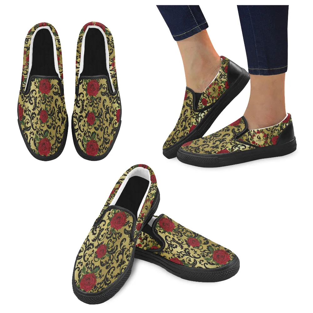 RED ROSES GOLD  Unusual Slip-on Canvas Shoes