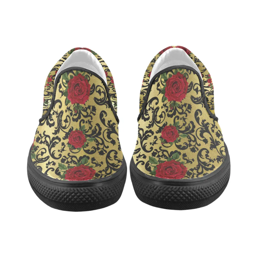 RED ROSES GOLD  Unusual Slip-on Canvas Shoes