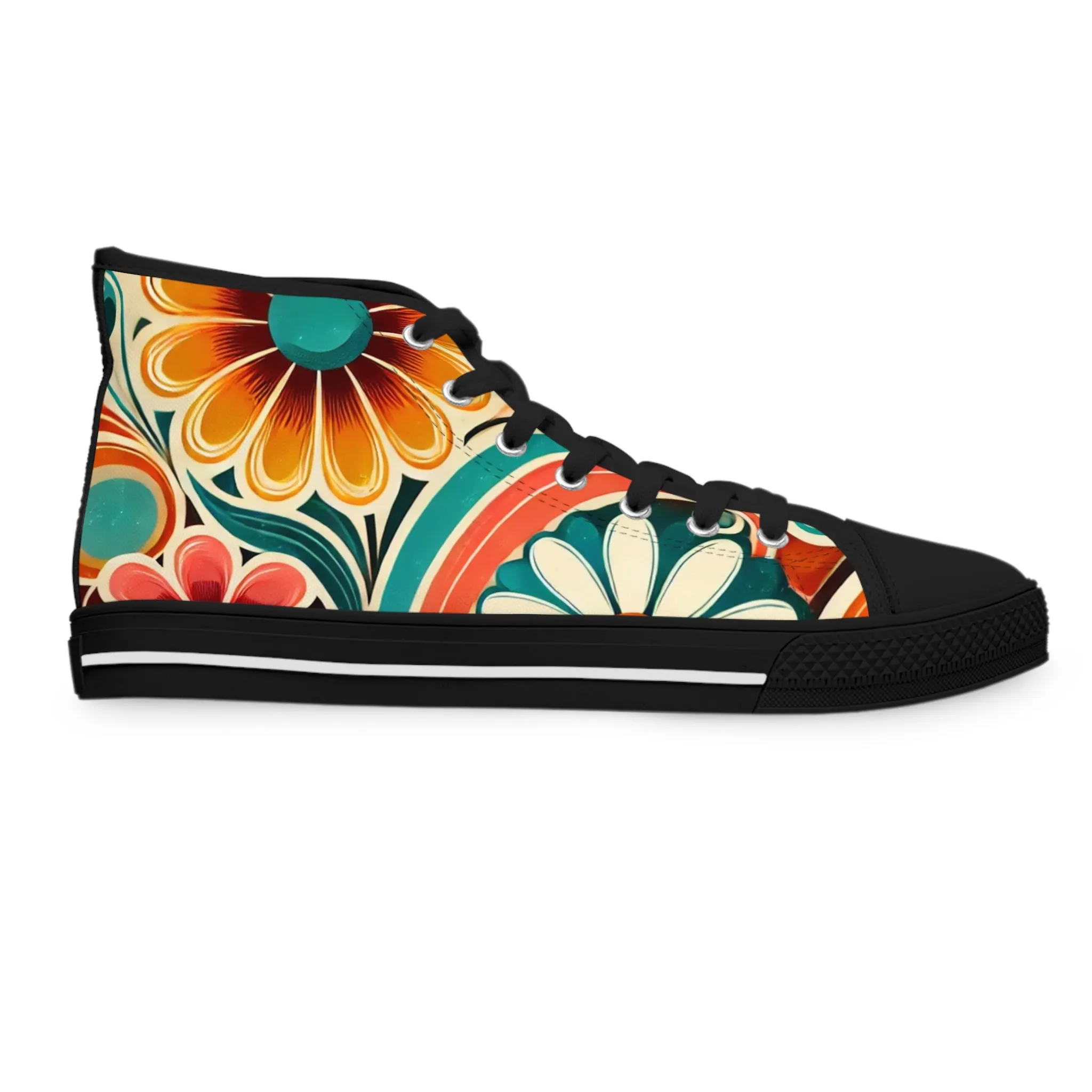 Retro 70s Bohemian Floral Women's High Top Sneakers - Vibrant Style for Every Occasion