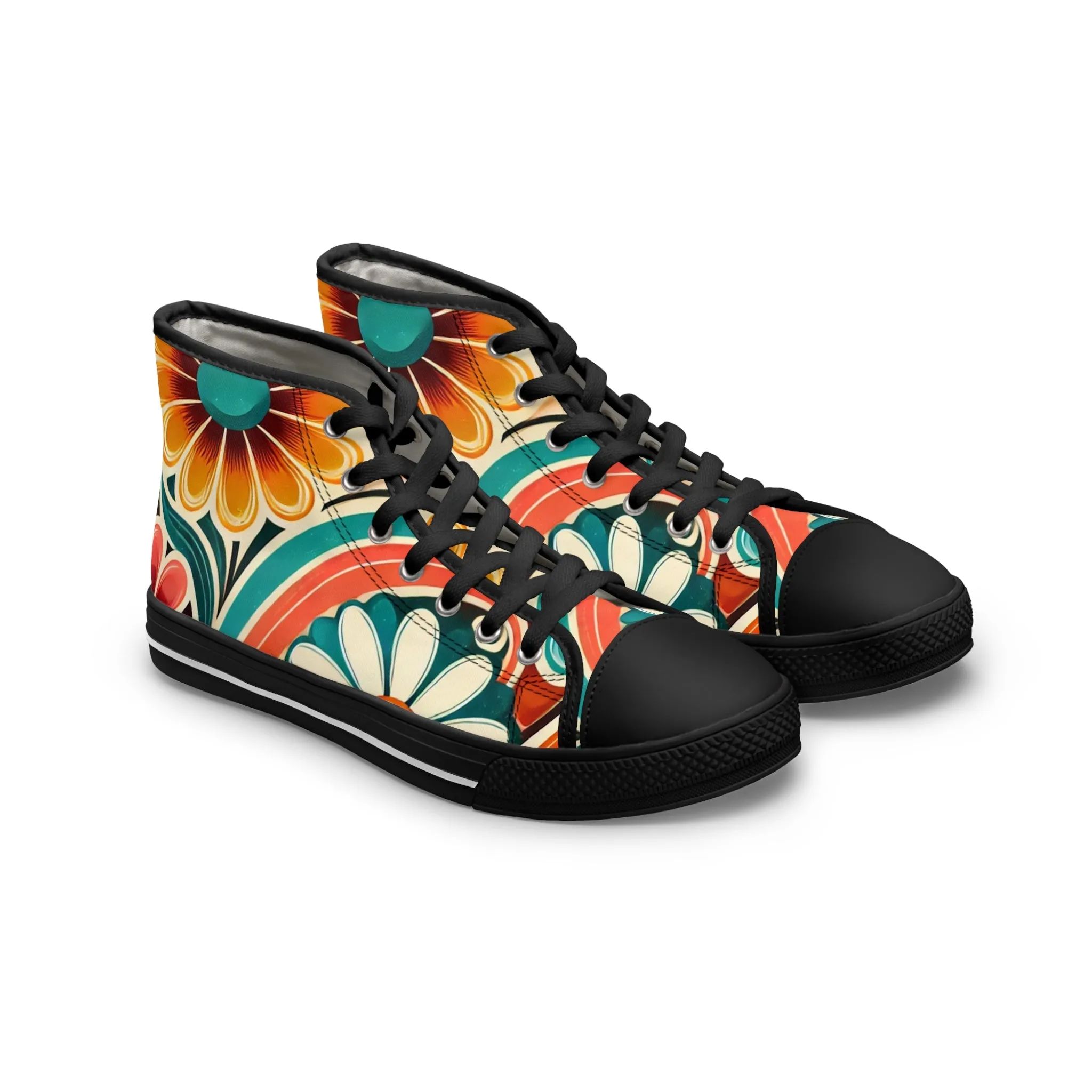 Retro 70s Bohemian Floral Women's High Top Sneakers - Vibrant Style for Every Occasion