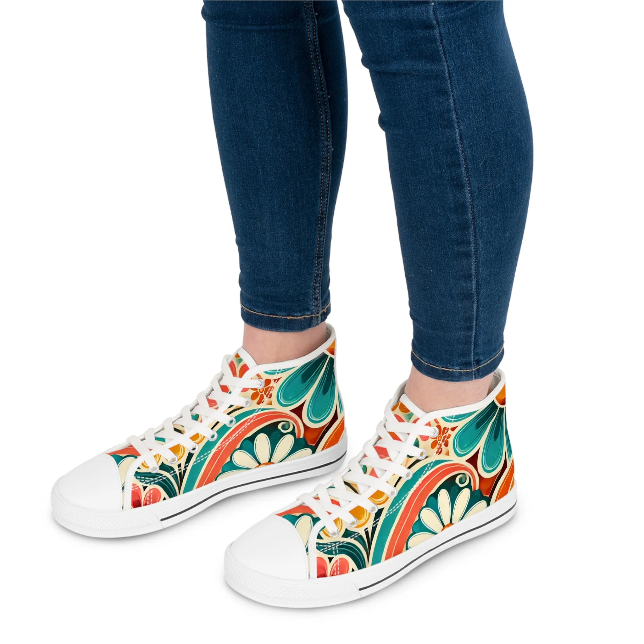 Retro 70s Bohemian Floral Women's High Top Sneakers - Vibrant Style for Every Occasion