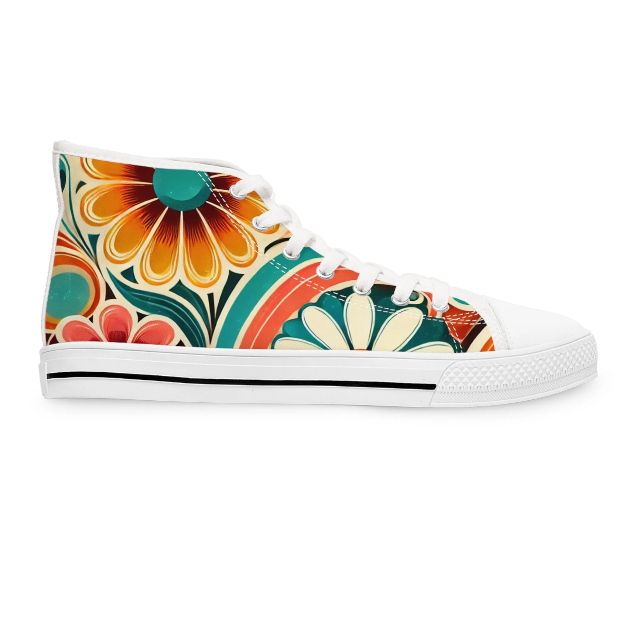 Retro 70s Bohemian Floral Women's High Top Sneakers - Vibrant Style for Every Occasion