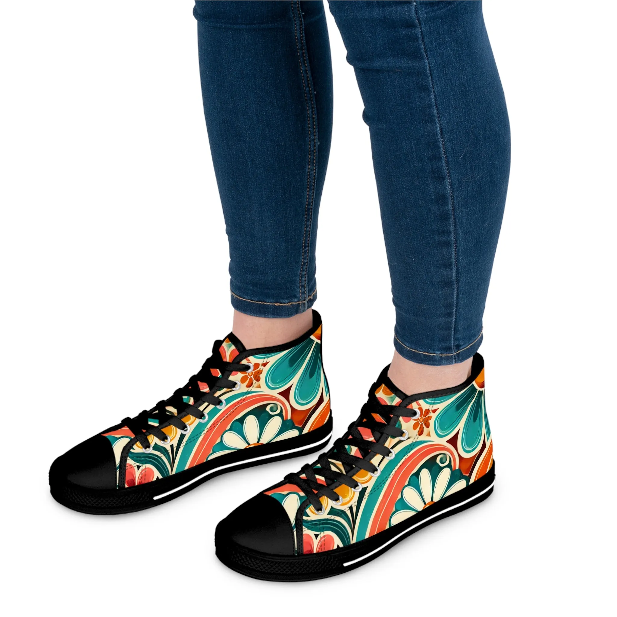 Retro 70s Bohemian Floral Women's High Top Sneakers - Vibrant Style for Every Occasion