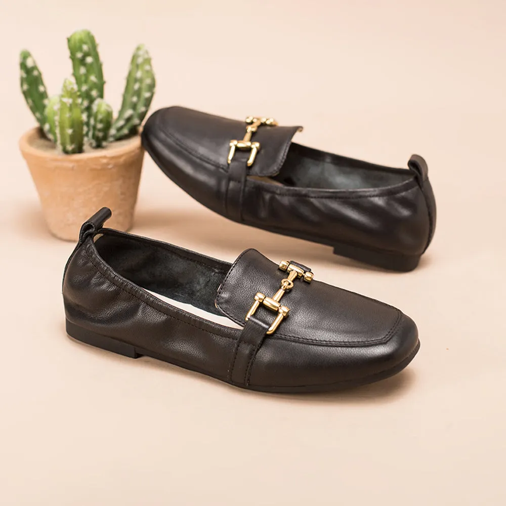 Retro Horsebit-Detailed Leather Loafers for Women  Lazy Feeling Black/White/Grey