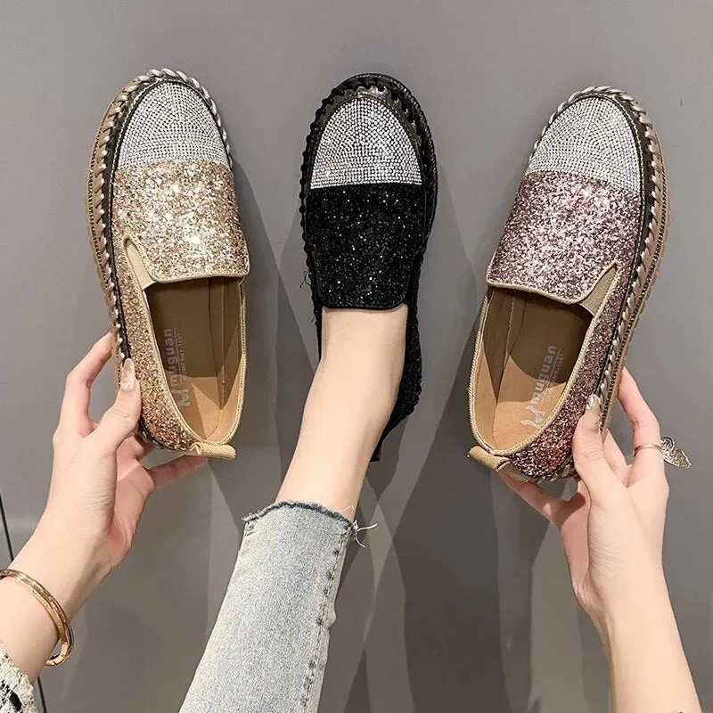 Shining Rhinestone Flats Loafers Slip-on Thick Botton Casual Woman Crystal Shoes Female Fashion Sneakers Sports Running