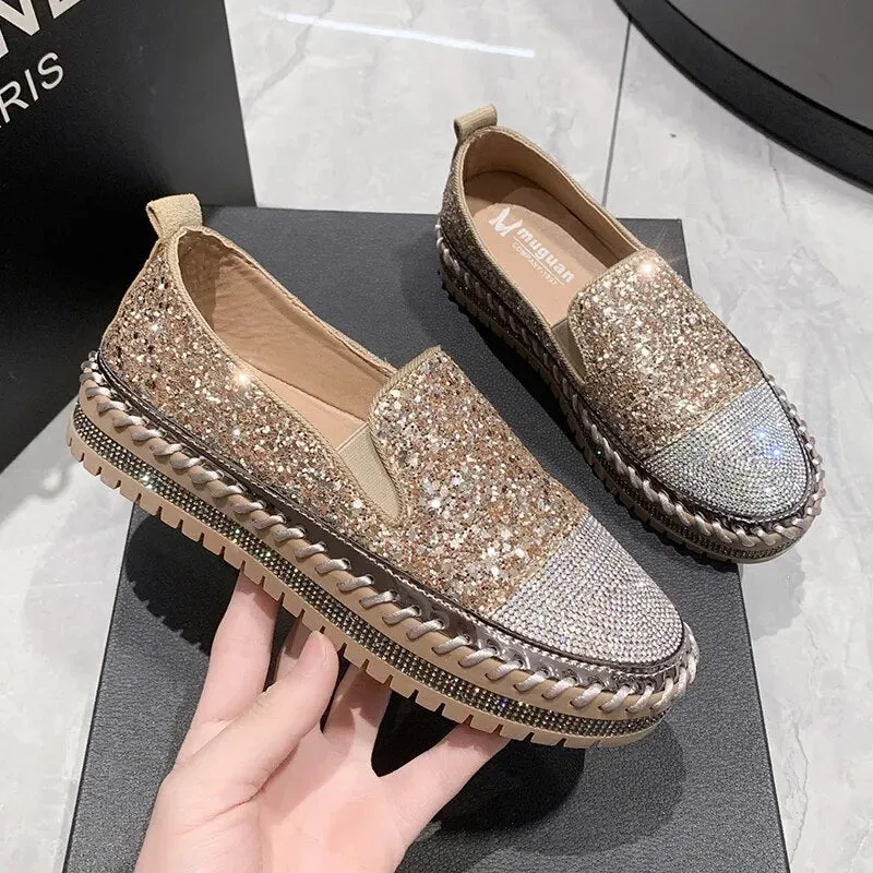 Shining Rhinestone Flats Loafers Slip-on Thick Botton Casual Woman Crystal Shoes Female Fashion Sneakers Sports Running