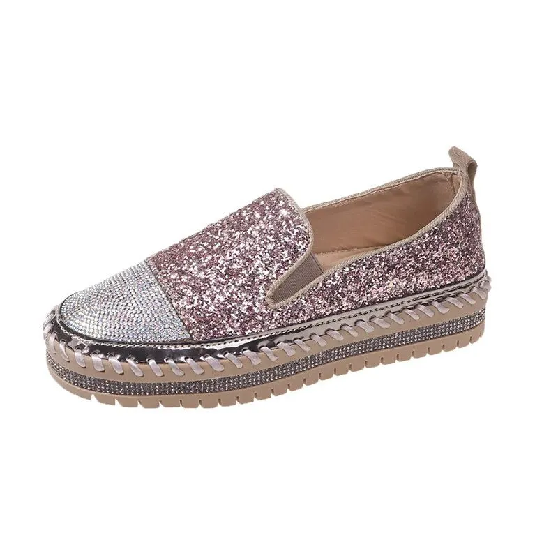 Shining Rhinestone Flats Loafers Slip-on Thick Botton Casual Woman Crystal Shoes Female Fashion Sneakers Sports Running