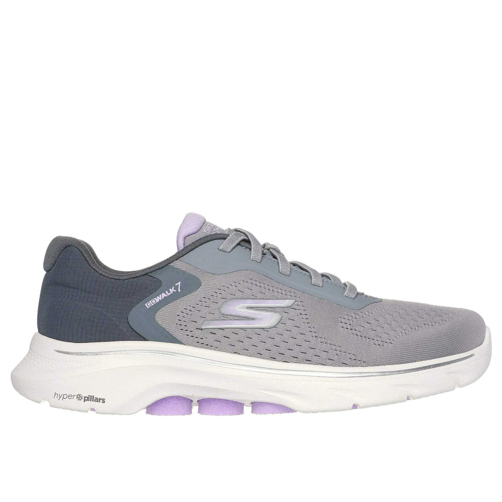 Skechers 125215 Go Walk 7 - Cosmic Waves Ladies Grey Lavender Textile Vegan Slip On Trainers