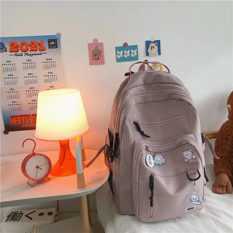 Sohiwoo Fashion Big Student Backpack NEW Badge Rucksack Girls School Bag High Capacity Women Backpack Female Cute Leisure Travel Mochila