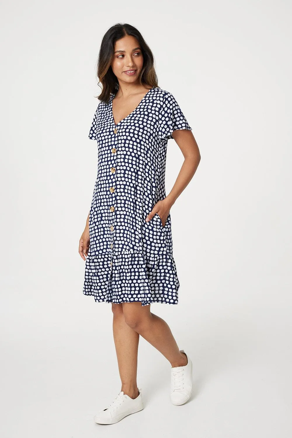 Spotty V-Neck Button Front Dress