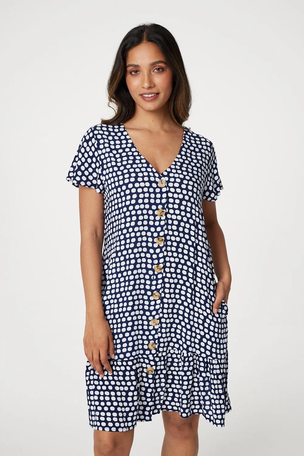 Spotty V-Neck Button Front Dress