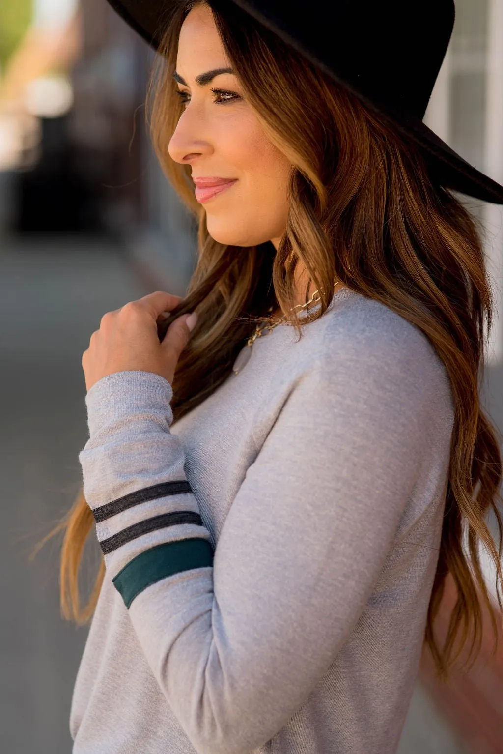 Stripe Accent Heathered Long Sleeve Tee